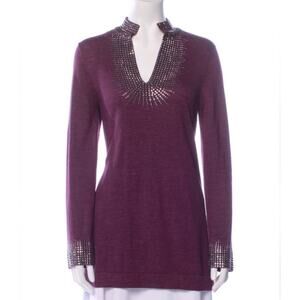 Tory Burch Purple Embellished Silver Studded Merino Wool Elegant Sweater sz. S